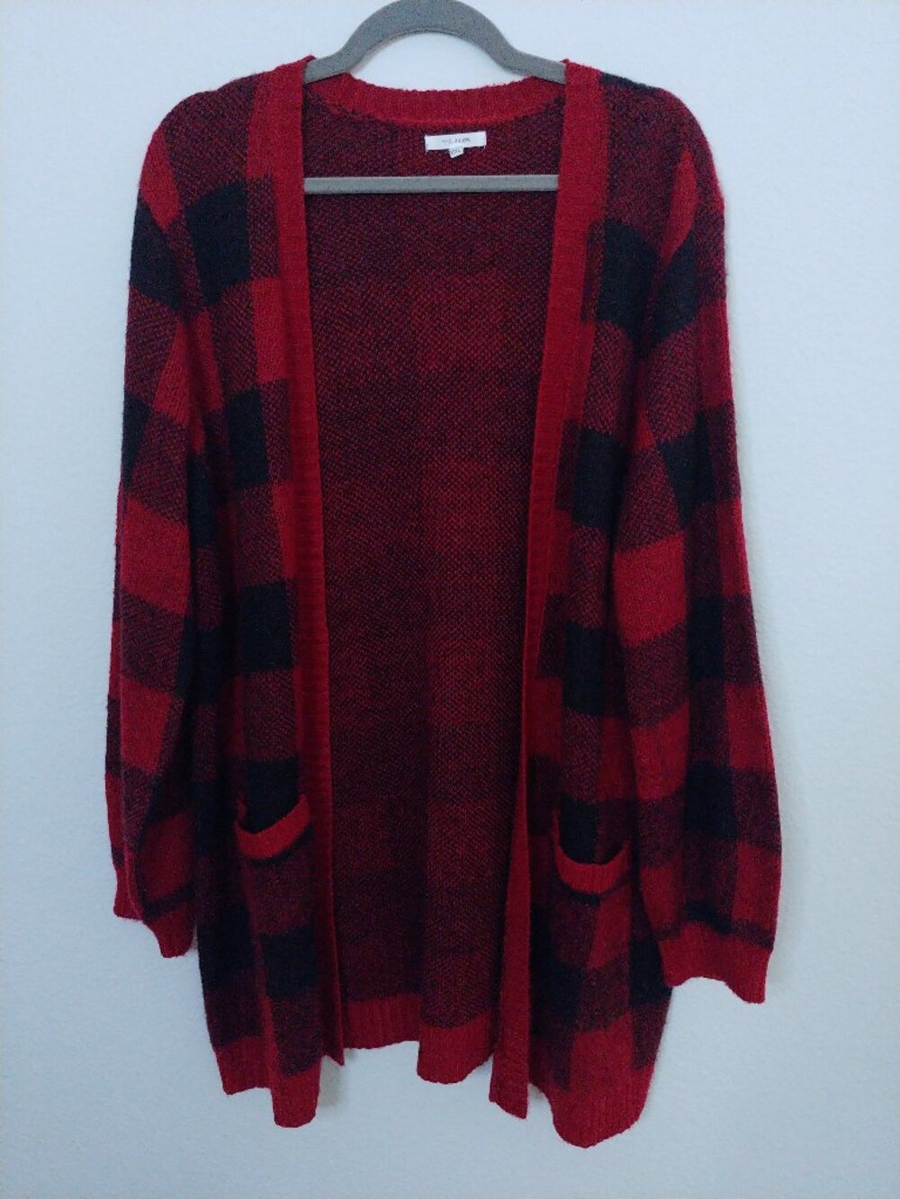 Maurices Red and Black Buffalo Plaid Open Front Knit Cardigan